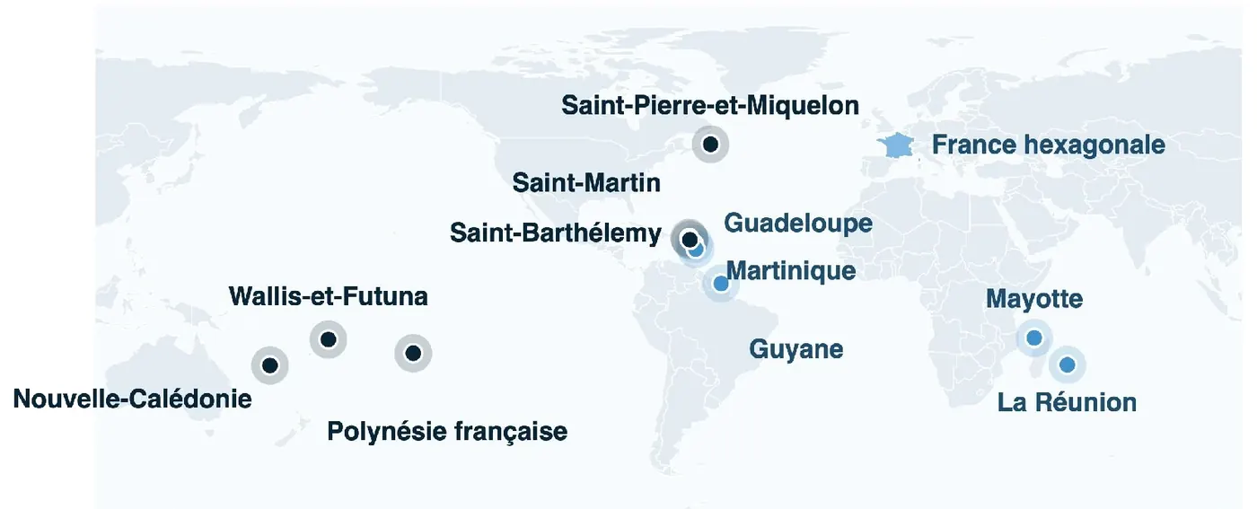 Planisphère situant les onze territoires ultramarins français, Madagascar et Maurice